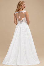 Rutipo White Plus Size A-Line Illusion Neck Sweep Train Tulle Wedding Dresses With Lace