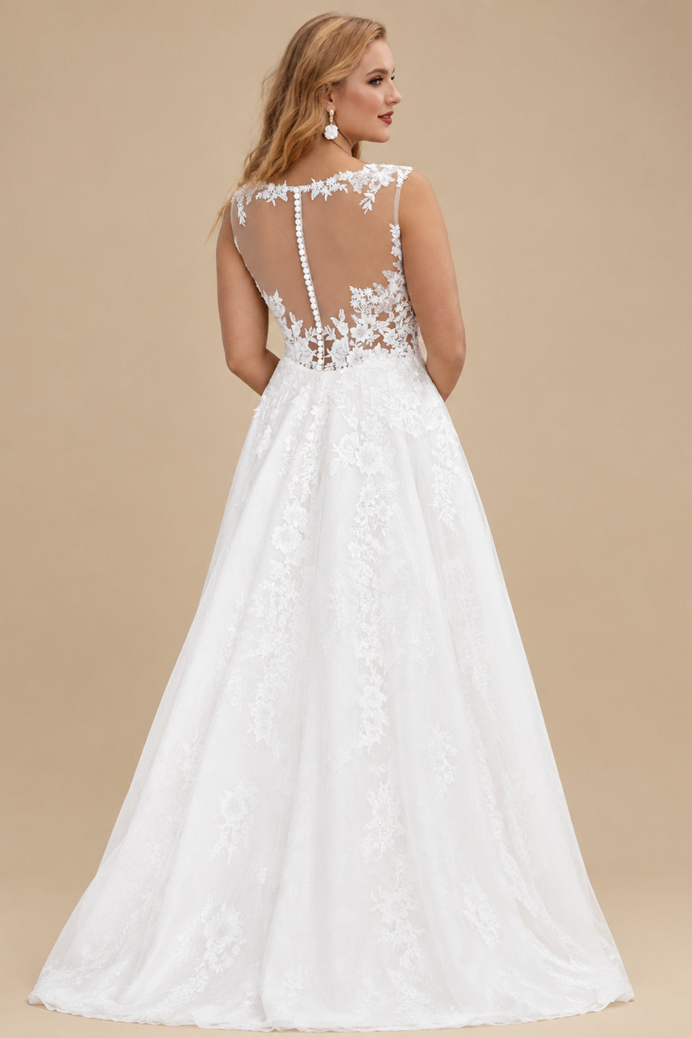 Rutipo White Plus Size A-Line Illusion Neck Sweep Train Tulle Wedding Dresses With Lace