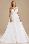Rutipo White Plus Size A-Line Illusion Neck Sweep Train Tulle Wedding Dresses With Lace