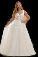 Rutipo Ivory Plus Size A-Line Cowl Neck Sleeveless Court Train Tulle Wedding Dresses With Lace