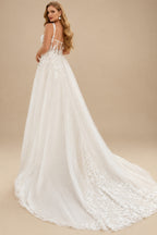 Rutipo Ivory Plus Size A-Line Cowl Neck Sleeveless Court Train Tulle Wedding Dresses With Lace