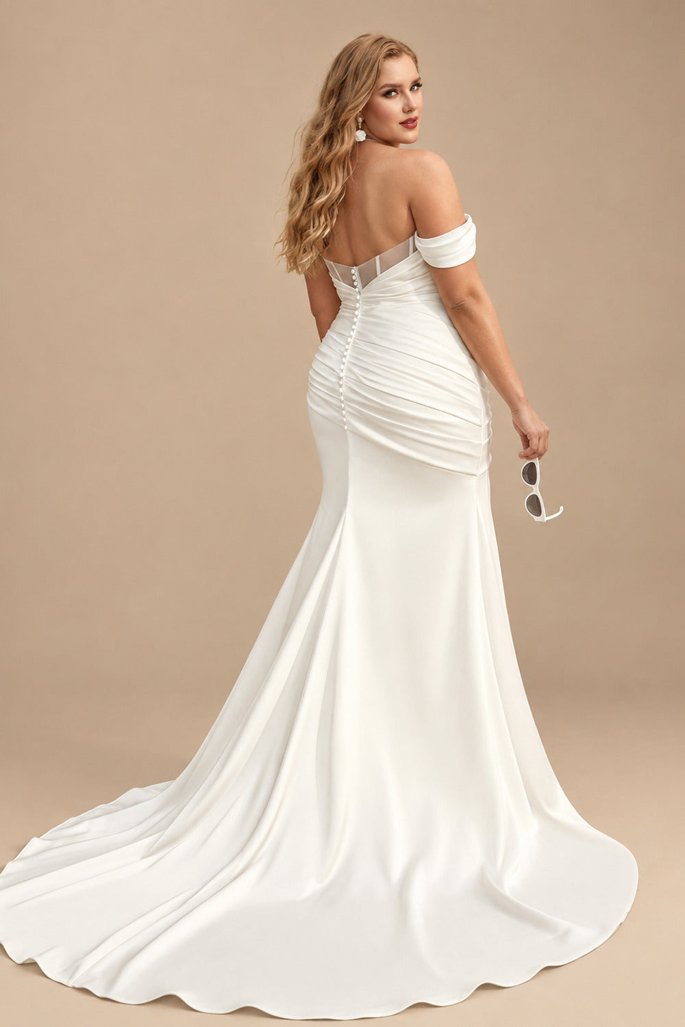 Rutipo Ivory Trumpet/Mermaid Off-The-Shoulder Sleeveless Chapel Train Acetate Satin Wedding Dresses With High Split