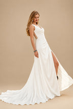 Rutipo Ivory Plus Size A-Line V-Neck Sleeveless Court Train Satin Wedding Dresses With High Split