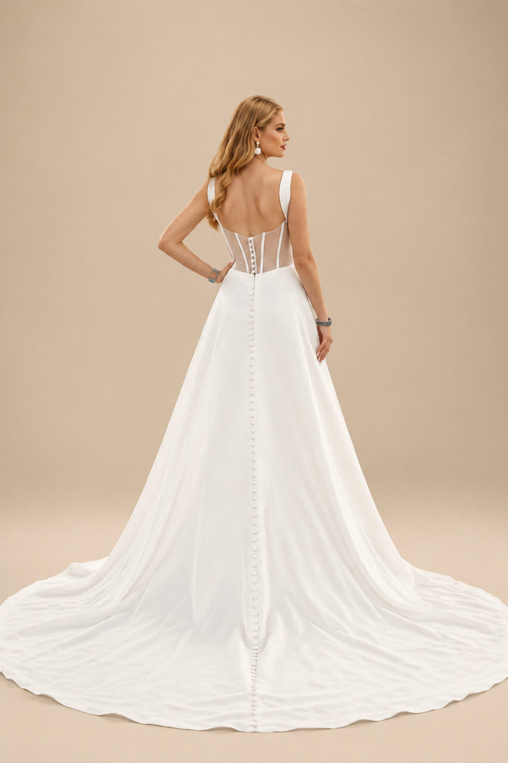 Rutipo Ivory Plus Size A-Line V-Neck Sleeveless Court Train Satin Wedding Dresses With High Split
