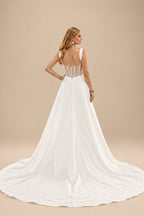 Rutipo Ivory Plus Size A-Line V-Neck Sleeveless Court Train Satin Wedding Dresses With High Split