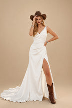 Rutipo Ivory Plus Size A-Line V-Neck Sleeveless Court Train Satin Wedding Dresses With High Split