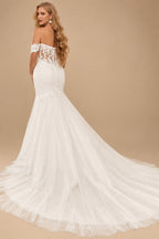 Rutipo Ivory Plus Size Trumpet/Mermaid Off-The-Shoulder Tulle Wedding Dresses With Lace