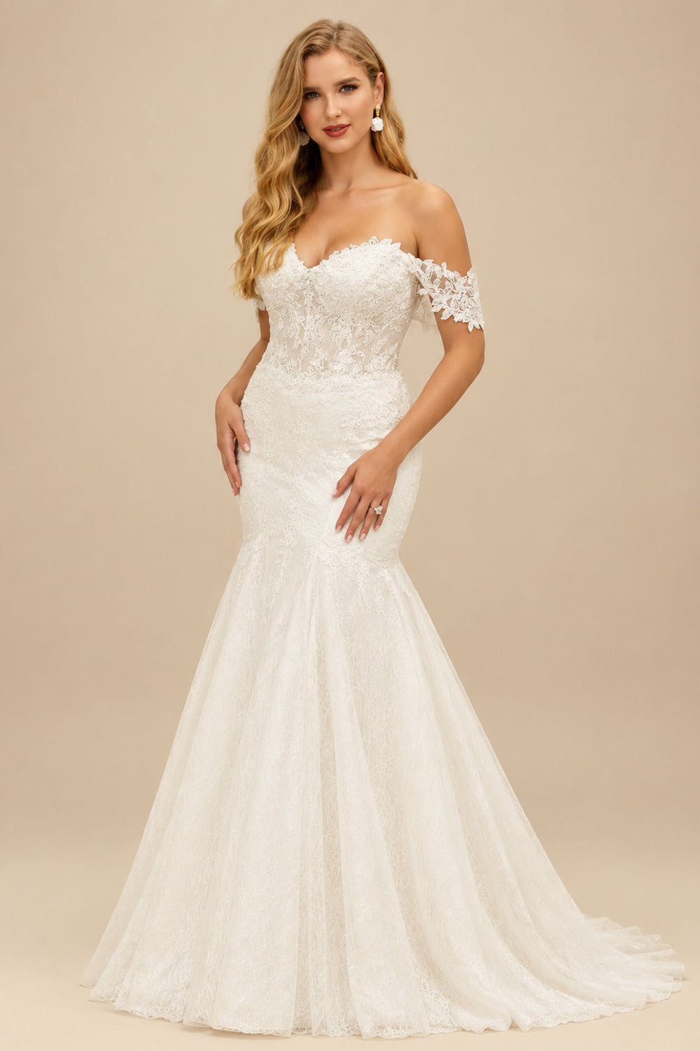 Rutipo Ivory Plus Size Trumpet/Mermaid Off-The-Shoulder Tulle Wedding Dresses With Lace