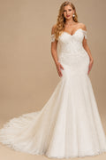 Rutipo Ivory Plus Size Trumpet/Mermaid Off-The-Shoulder Tulle Wedding Dresses With Lace