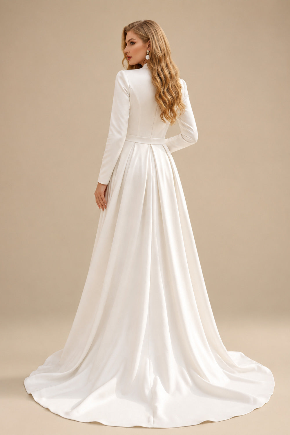 Rutipo Ivory A-Line V-Neck Long Sleeves Sweep Train Satin Wedding Dress
