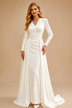 Rutipo Ivory A-Line V-Neck Long Sleeves Sweep Train Satin Wedding Dress