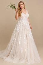 Rutipo As Picture A-Line V-Neck Short Sleeves Tulle Plus Size Wedding Dress With Appliques Lace