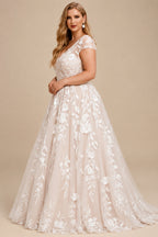 Rutipo As Picture A-Line V-Neck Short Sleeves Tulle Plus Size Wedding Dress With Appliques Lace