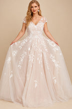Rutipo As Picture A-Line V-Neck Short Sleeves Tulle Plus Size Wedding Dress With Appliques Lace