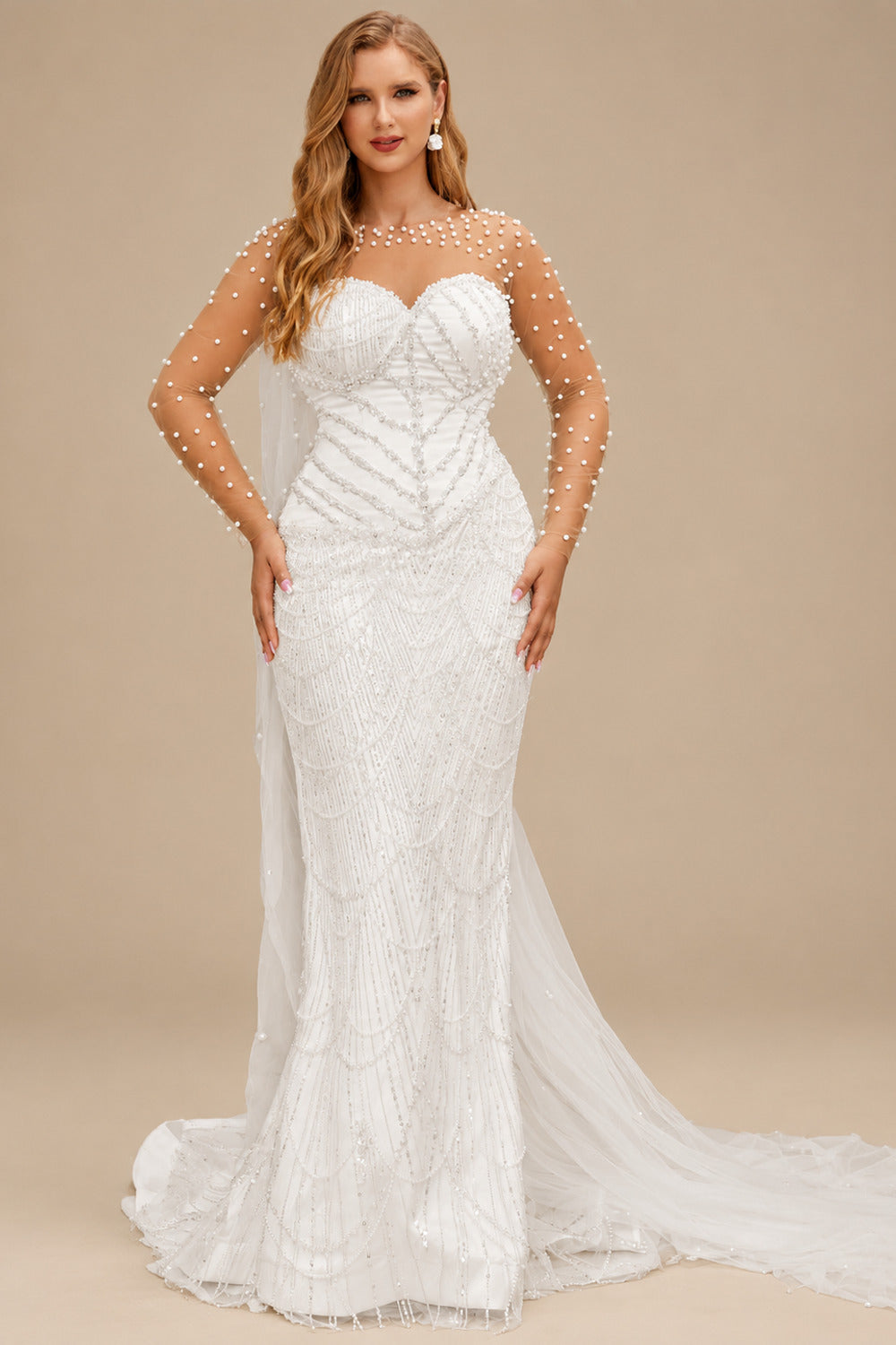 Rutipo Ivory Dreamy Illusion Neck Long Sleeves Sweep Train Satin Wedding Dress With Beading