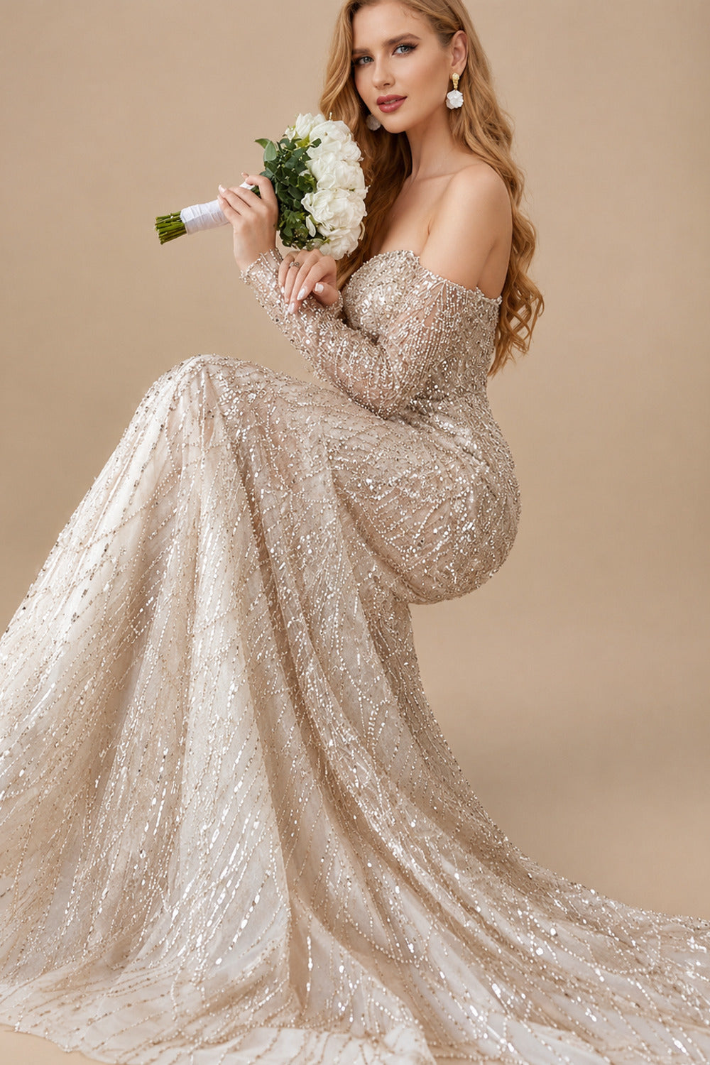 Rutipo As Picture Fitted Glitter Trumpet Beaded Sweetheart Detachable Sleeves Wedding Dresses With Lace Up Back