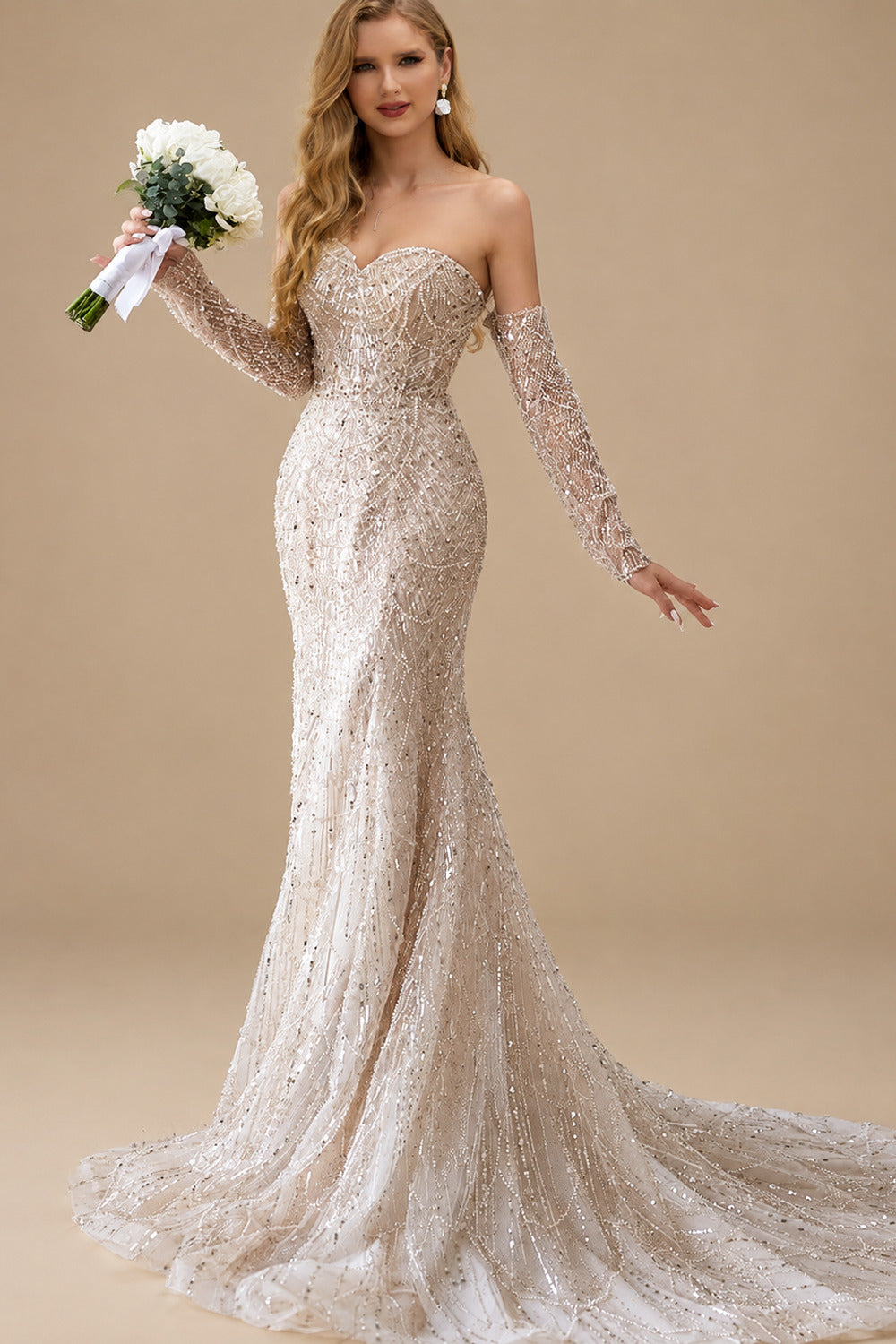 Rutipo As Picture Fitted Glitter Trumpet Beaded Sweetheart Detachable Sleeves Wedding Dresses With Lace Up Back