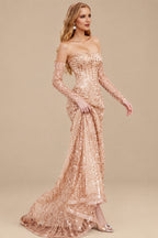 Rutipo Rose Gold Fitted Glitter Trumpet Beaded Sweetheart Detachable Sleeves Wedding Dresses With Lace Up Back