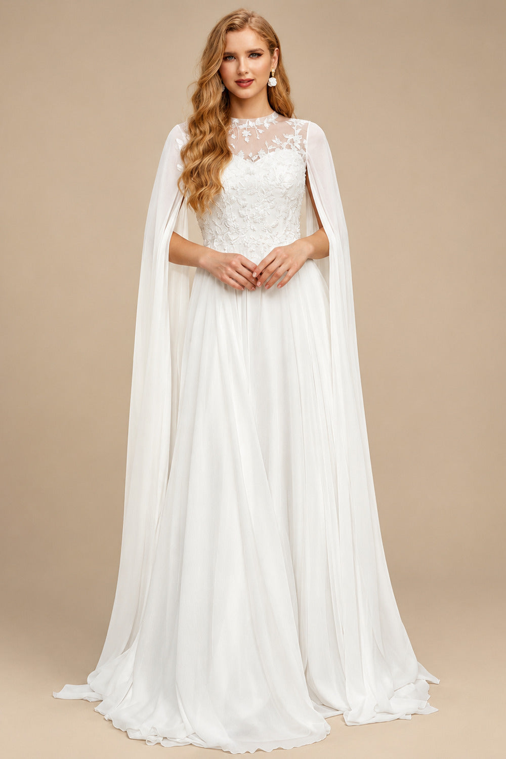 Rutipo White Sweet & Flow A-Line Illusion Lace Scoop Neck Chiffon Wedding Dresses
