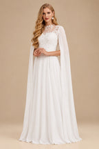 Rutipo White Sweet & Flow A-Line Illusion Lace Scoop Neck Chiffon Wedding Dresses