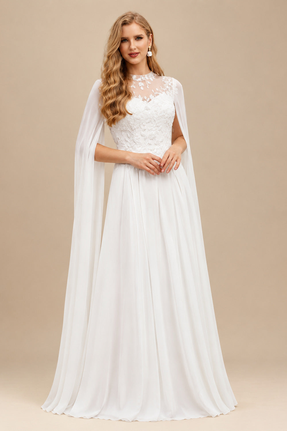 Rutipo White Sweet & Flow A-Line Illusion Lace Scoop Neck Chiffon Wedding Dresses