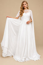 Rutipo White Sweet & Flow A-Line Illusion Lace Scoop Neck Chiffon Wedding Dresses