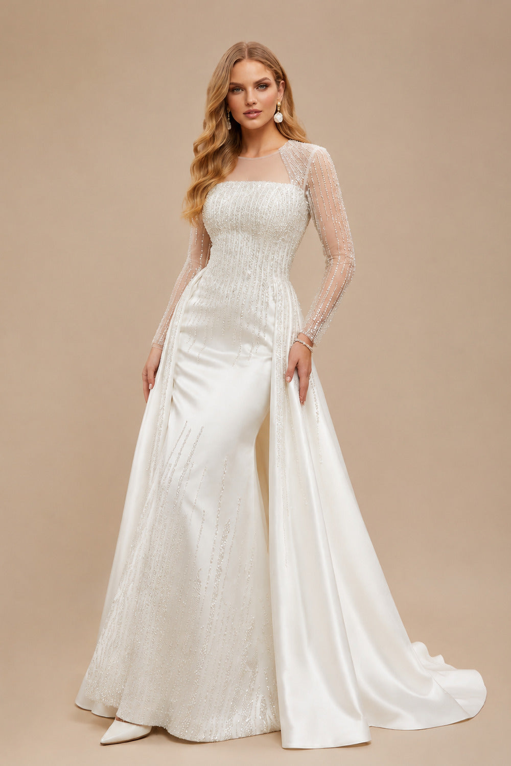 Rutipo Ivory Luxury Sequins Illusion Neck Long Sleeves Overskirt Satin Wedding Dresses