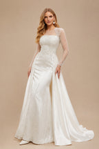 Rutipo Ivory Luxury Sequins Illusion Neck Long Sleeves Overskirt Satin Wedding Dresses