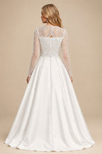 Rutipo Ivory Luxury Sequins Illusion Neck Long Sleeves Overskirt Satin Wedding Dresses