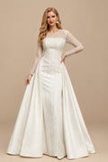 Rutipo Ivory Luxury Sequins Illusion Neck Long Sleeves Overskirt Satin Wedding Dresses