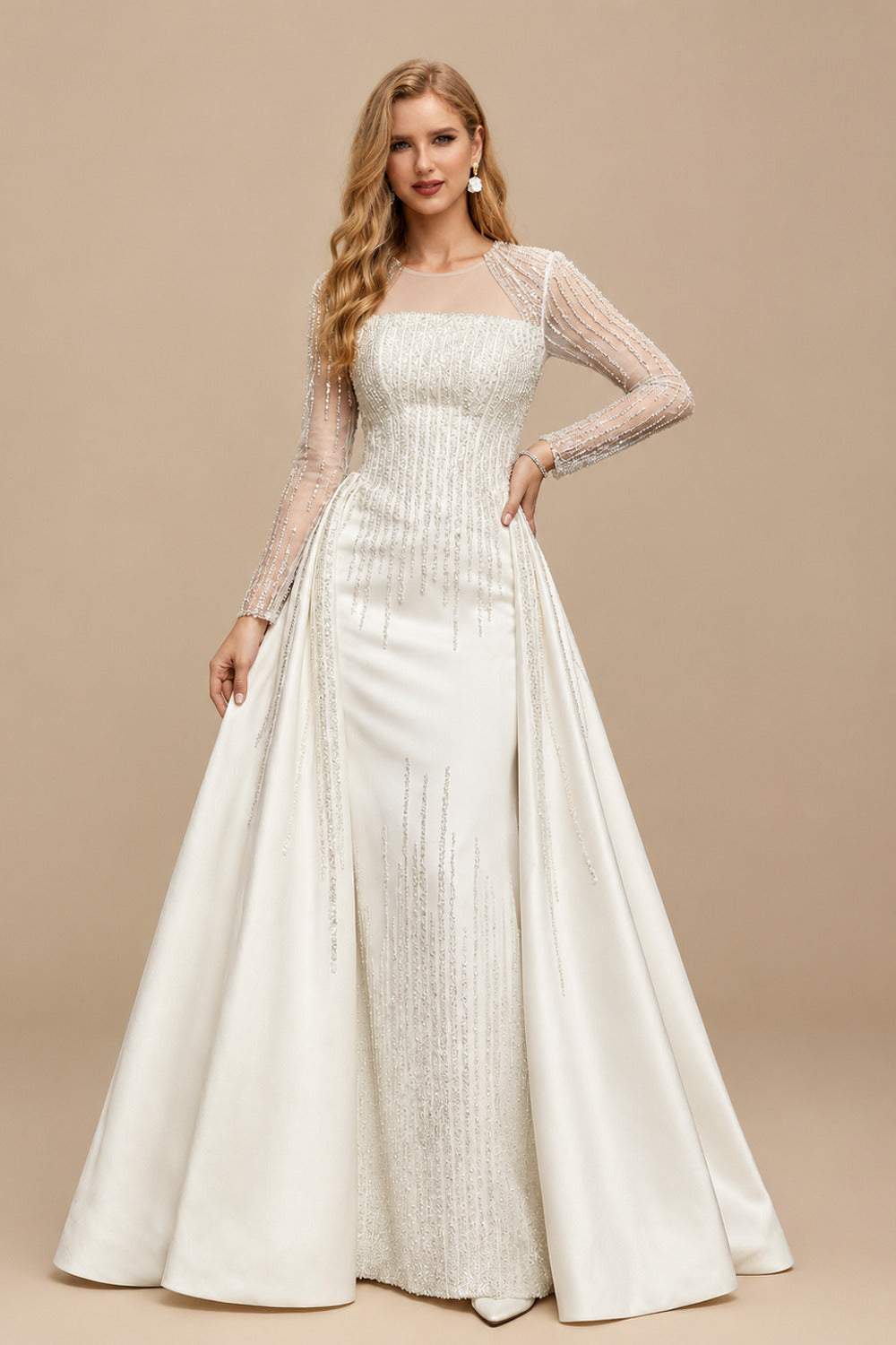 Rutipo Ivory Luxury Sequins Illusion Neck Long Sleeves Overskirt Satin Wedding Dresses