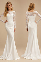 Rutipo Ivory Unique Ruched Scoop Neck Lace Long Sleeves Silk Like Satin Wedding Dresses