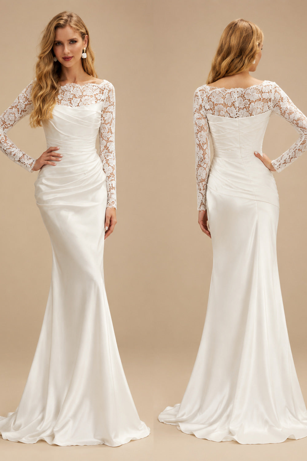 Rutipo Ivory Unique Ruched Scoop Neck Lace Long Sleeves Silk Like Satin Wedding Dresses