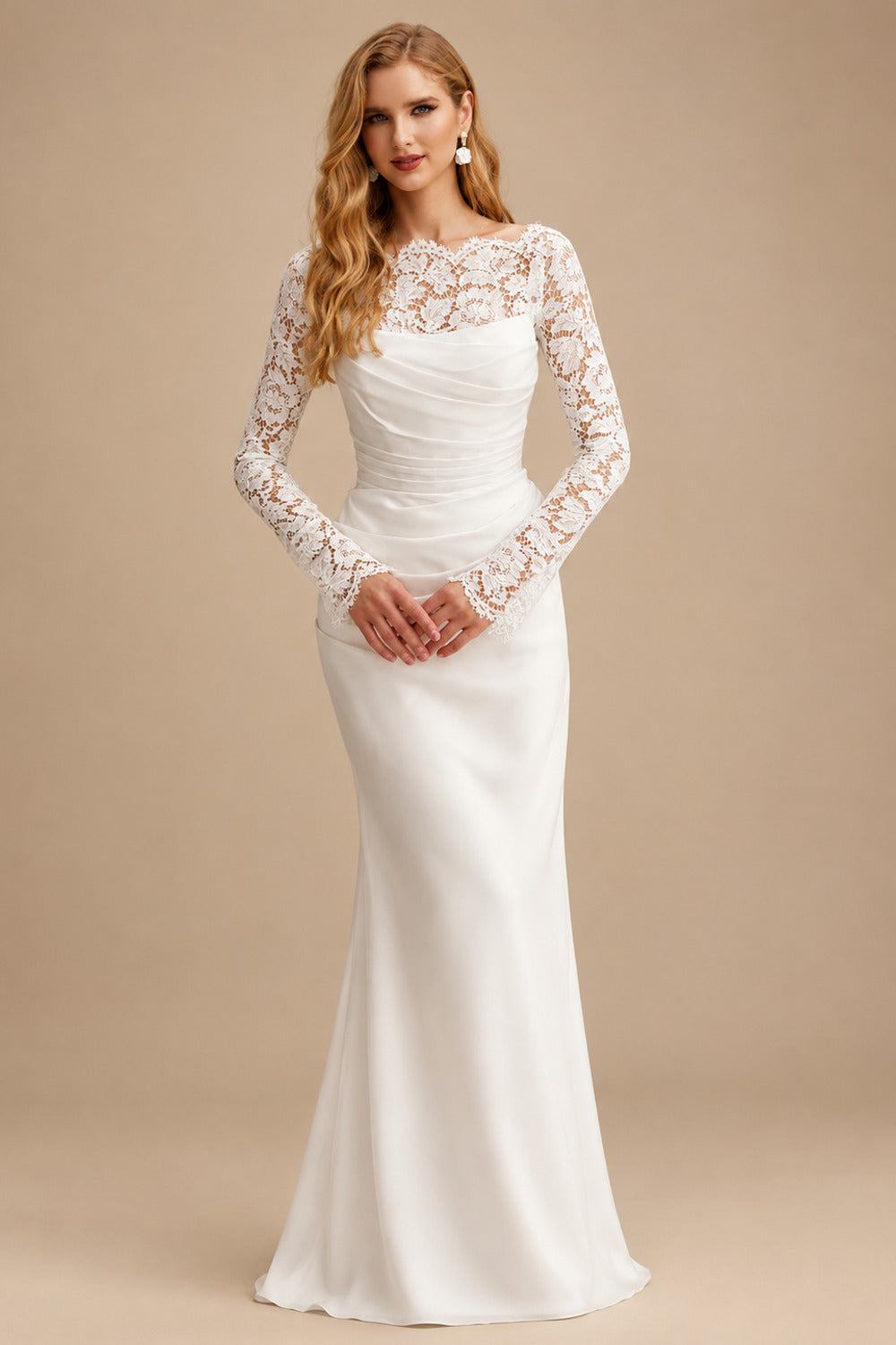 Rutipo Ivory Unique Ruched Scoop Neck Lace Long Sleeves Silk Like Satin Wedding Dresses
