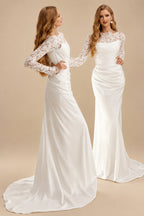 Rutipo Ivory Unique Ruched Scoop Neck Lace Long Sleeves Silk Like Satin Wedding Dresses