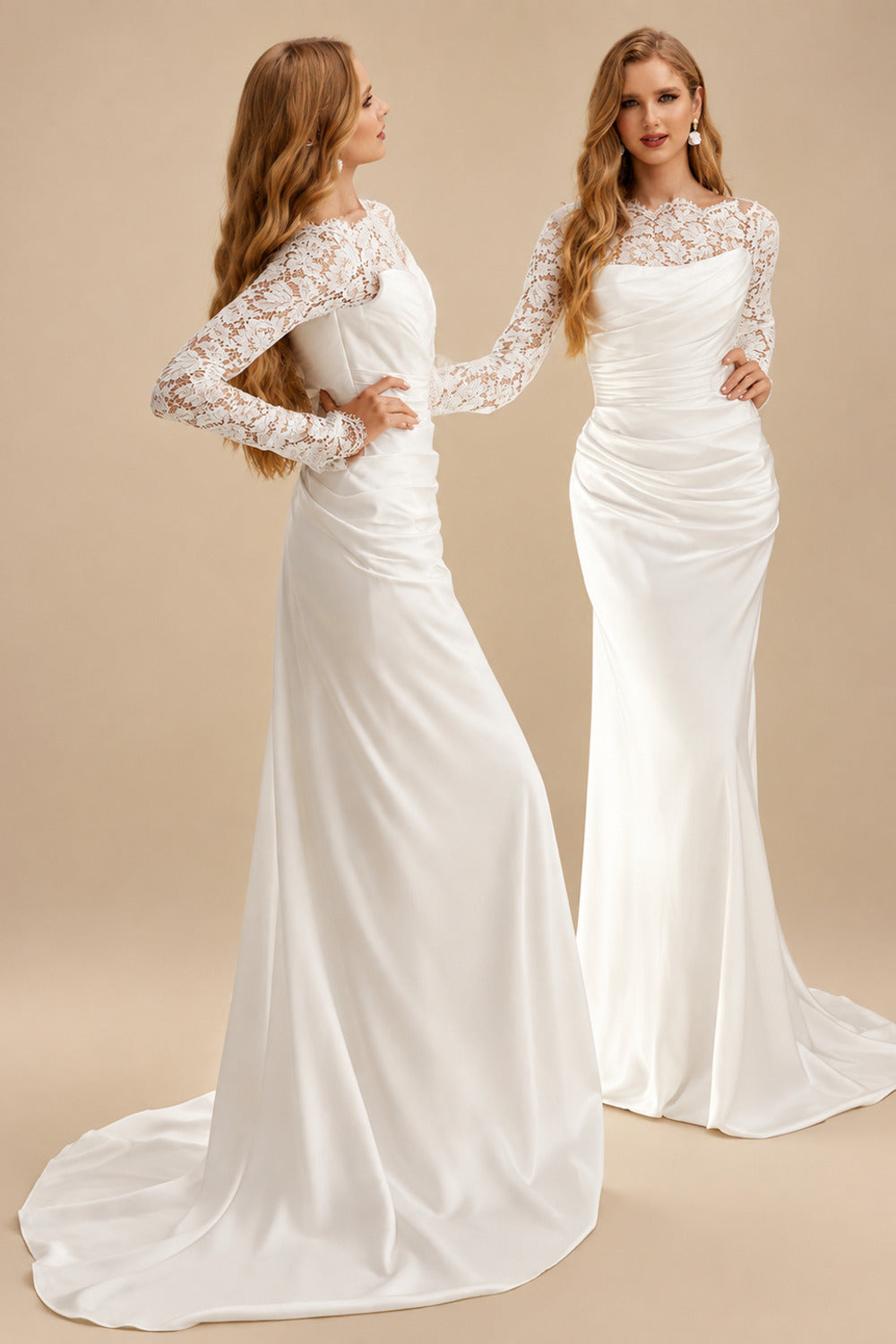 Rutipo Ivory Unique Ruched Scoop Neck Lace Long Sleeves Silk Like Satin Wedding Dresses