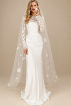 Rutipo Ivory Unique Ruched Scoop Neck Lace Long Sleeves Silk Like Satin Wedding Dresses