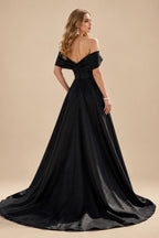 Rutipo Black Classy Ball-Gown High Split Off-The-Shoulder Satin Wedding Dresses