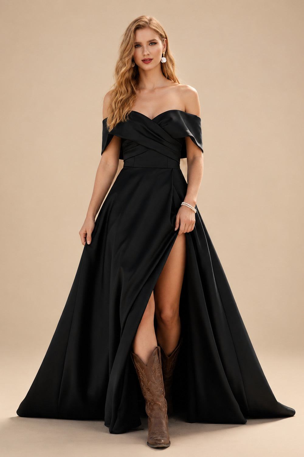 Rutipo Black Classy Ball-Gown High Split Off-The-Shoulder Satin Wedding Dresses