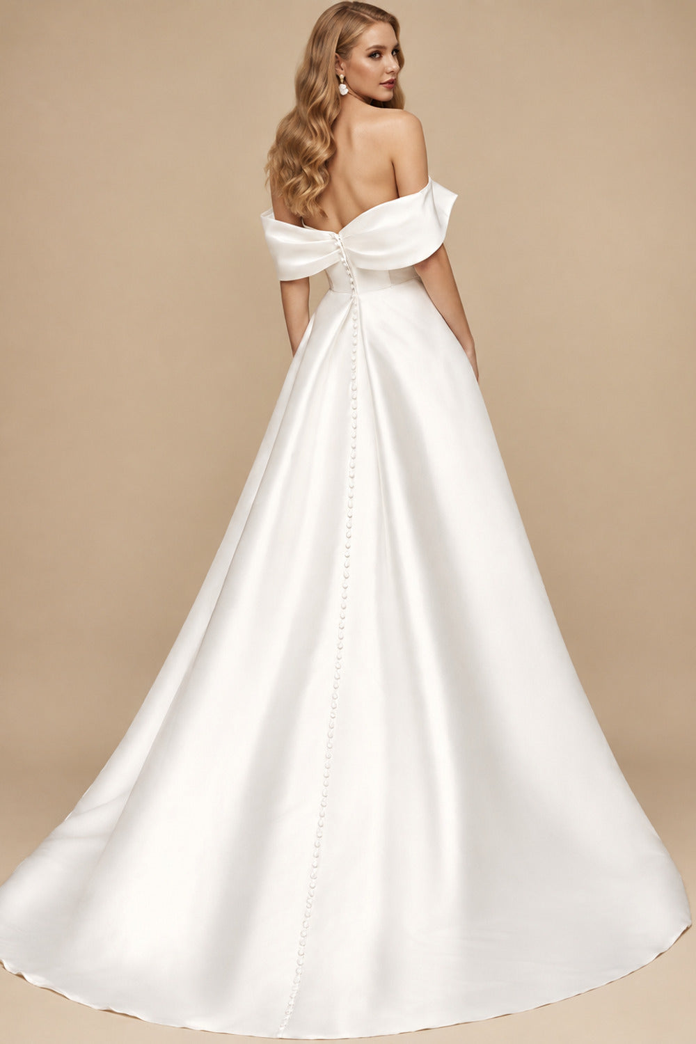 Rutipo Ivory Classy Ball-Gown High Split Off-The-Shoulder Satin Wedding Dresses
