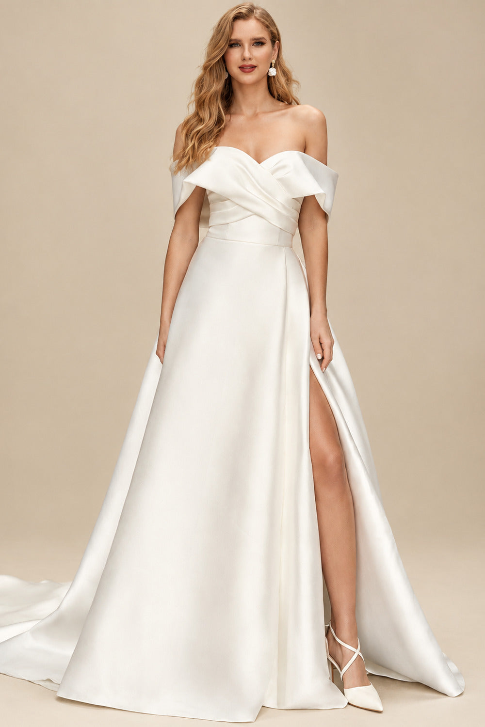 Rutipo Ivory Classy Ball-Gown High Split Off-The-Shoulder Satin Wedding Dresses