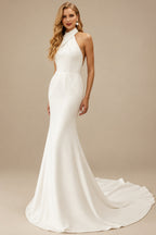 Rutipo Ivory Flattering Trumpet Halter Outcut On The Back Elastic Satin Wedding Dresses