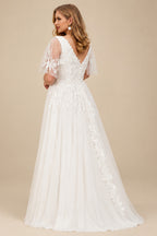 Rutipo Ivory Classic Plus Size A-Line V-Neck Short Sleeves Tulle Wedding Dresses With Lace