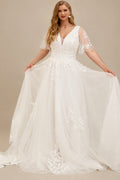 Rutipo Ivory Classic Plus Size A-Line V-Neck Short Sleeves Tulle Wedding Dresses With Lace