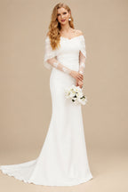 Rutipo Ivory Dreamy Off-The-Shoulder Detachable Sleeves Elastic Satin Wedding Dresses With Lace