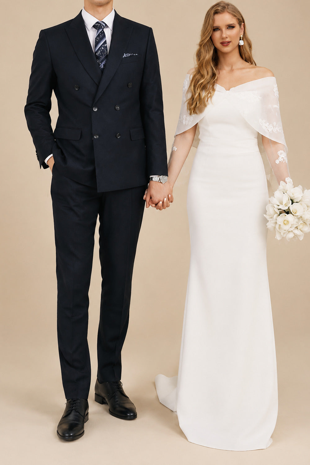 Rutipo Ivory Dreamy Off-The-Shoulder Detachable Sleeves Elastic Satin Wedding Dresses With Lace