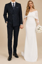Rutipo Ivory Dreamy Off-The-Shoulder Detachable Sleeves Elastic Satin Wedding Dresses With Lace