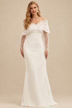 Rutipo Ivory Dreamy Off-The-Shoulder Detachable Sleeves Elastic Satin Wedding Dresses With Lace