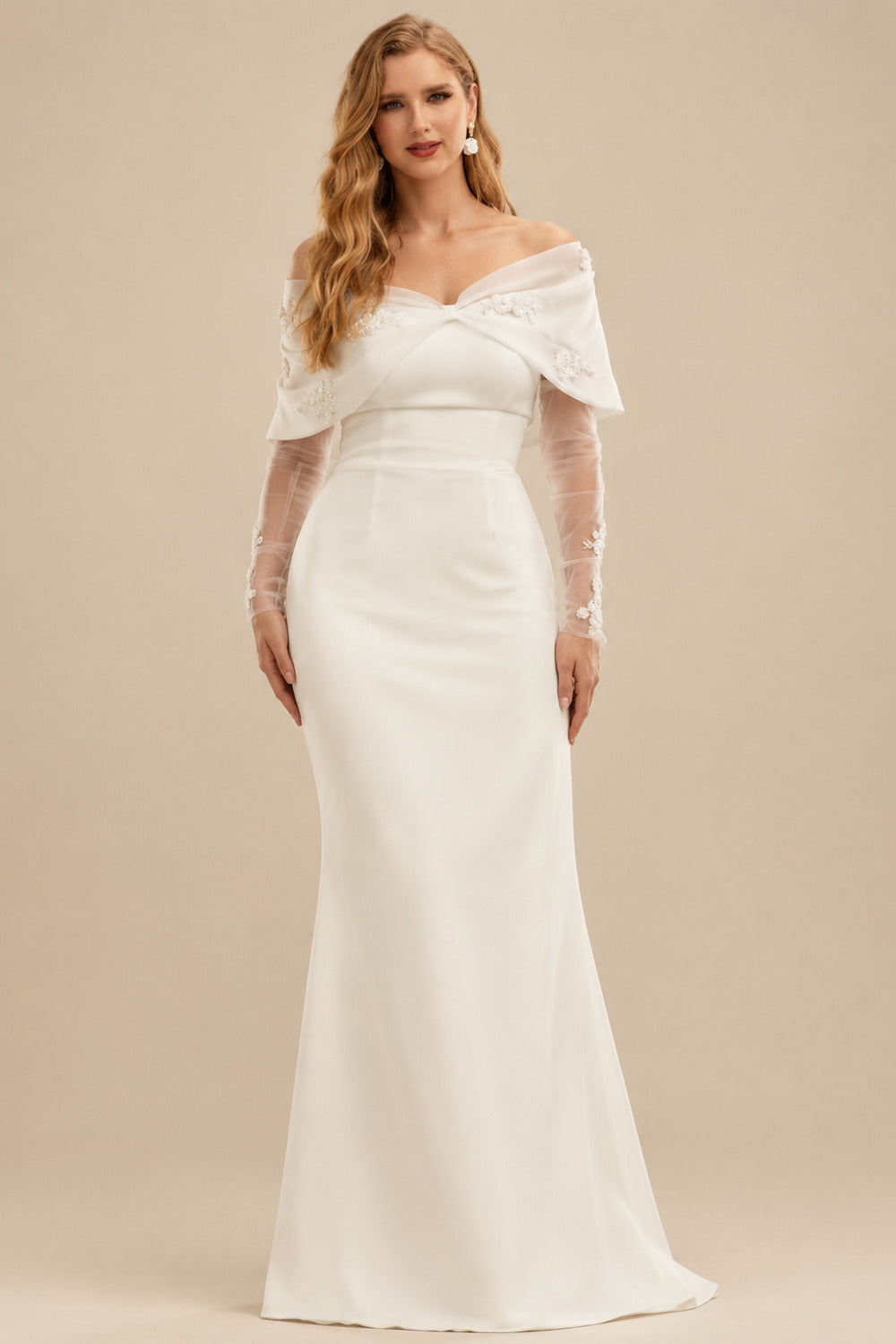 Rutipo Ivory Dreamy Off-The-Shoulder Detachable Sleeves Elastic Satin Wedding Dresses With Lace