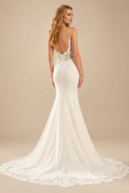Rutipo Ivory Elegant Trumpet V-Neck Detachable Train Satin Wedding Dresses With Appliques Lace
